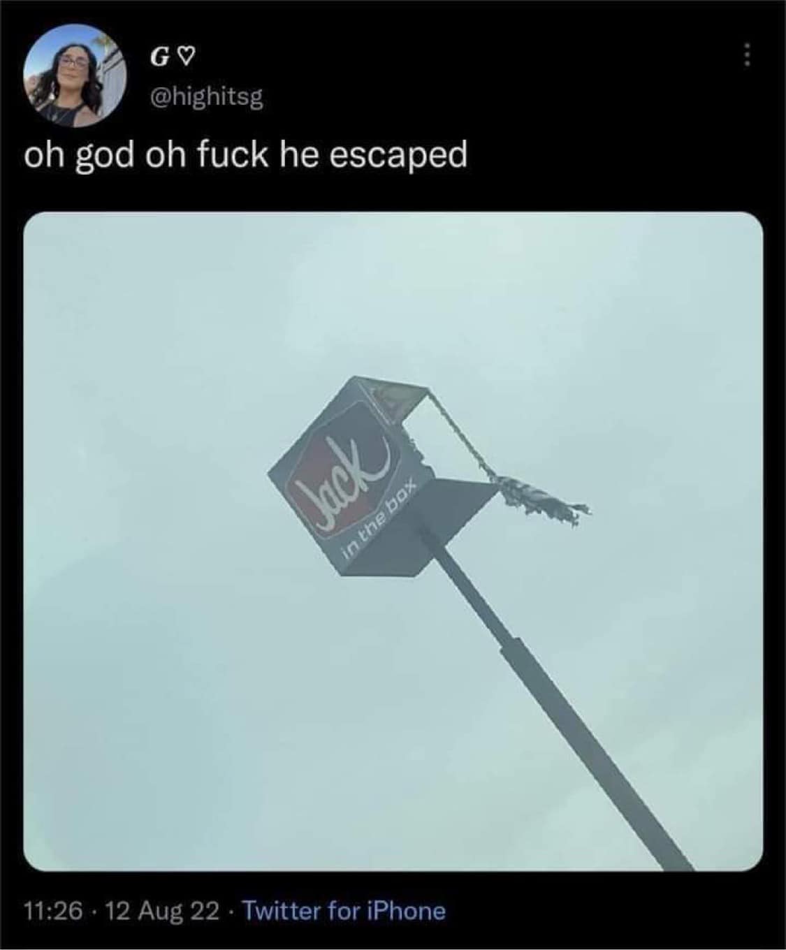 This meme is a humorous image of a person running away from a Jack in the Box restaurant, with a caption "oh god oh f**k he escaped". The image is likely a playful illustration or a screenshot from a movie or TV show, depicting a character making a frantic escape from the restaurant. The caption is a lighthearted and exaggerated reaction to the character's escape, implying that they've managed to break free from the restaurant's grasp.